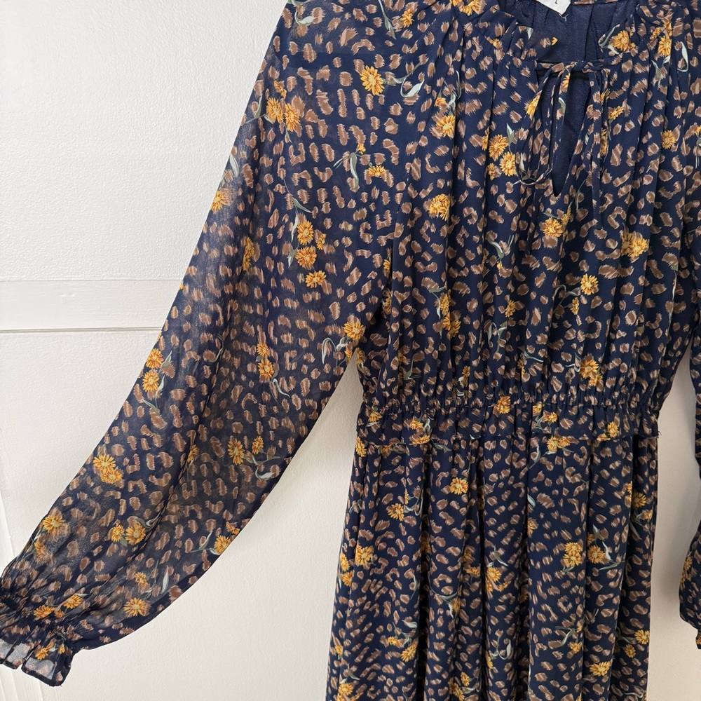 THML floral printed hi-low maxi dress navy and mustard hues